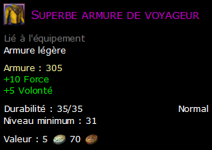 Superbe armure de voyageur