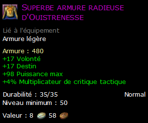 Superbe armure radieuse d'Ouistrenesse