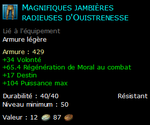 Magnifiques jambières radieuses d'Ouistrenesse