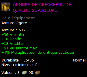 Armure de chercheur de qualité supérieure