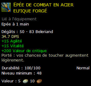 Epée de combat en acier elfique forgé