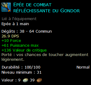 Epée de combat réfléchissante du Gondor