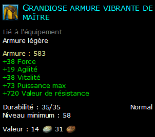 Grandiose armure vibrante de maître