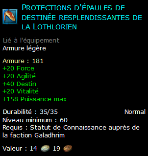 Protections d'épaules de destinée resplendissantes de la Lothlorien