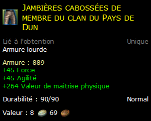 Jambières cabossées de membre du clan du Pays de Dun