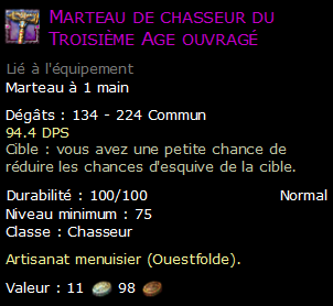 Marteau de chasseur du Troisième Age ouvragé