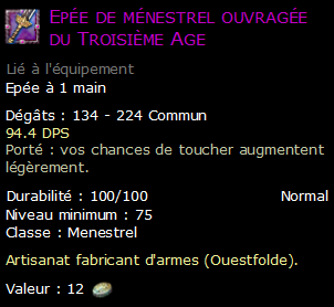 Epée de ménestrel ouvragée du Troisième Age